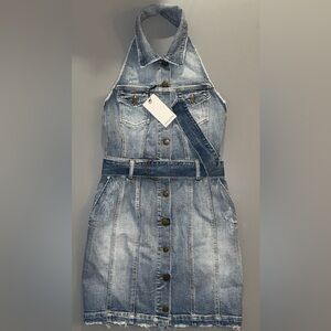 NEW W/ TAGS RETROFÊTE TAMAR DRESS IN CRESCENT 
DENIM HALTER TOP DRESS W POCKETS